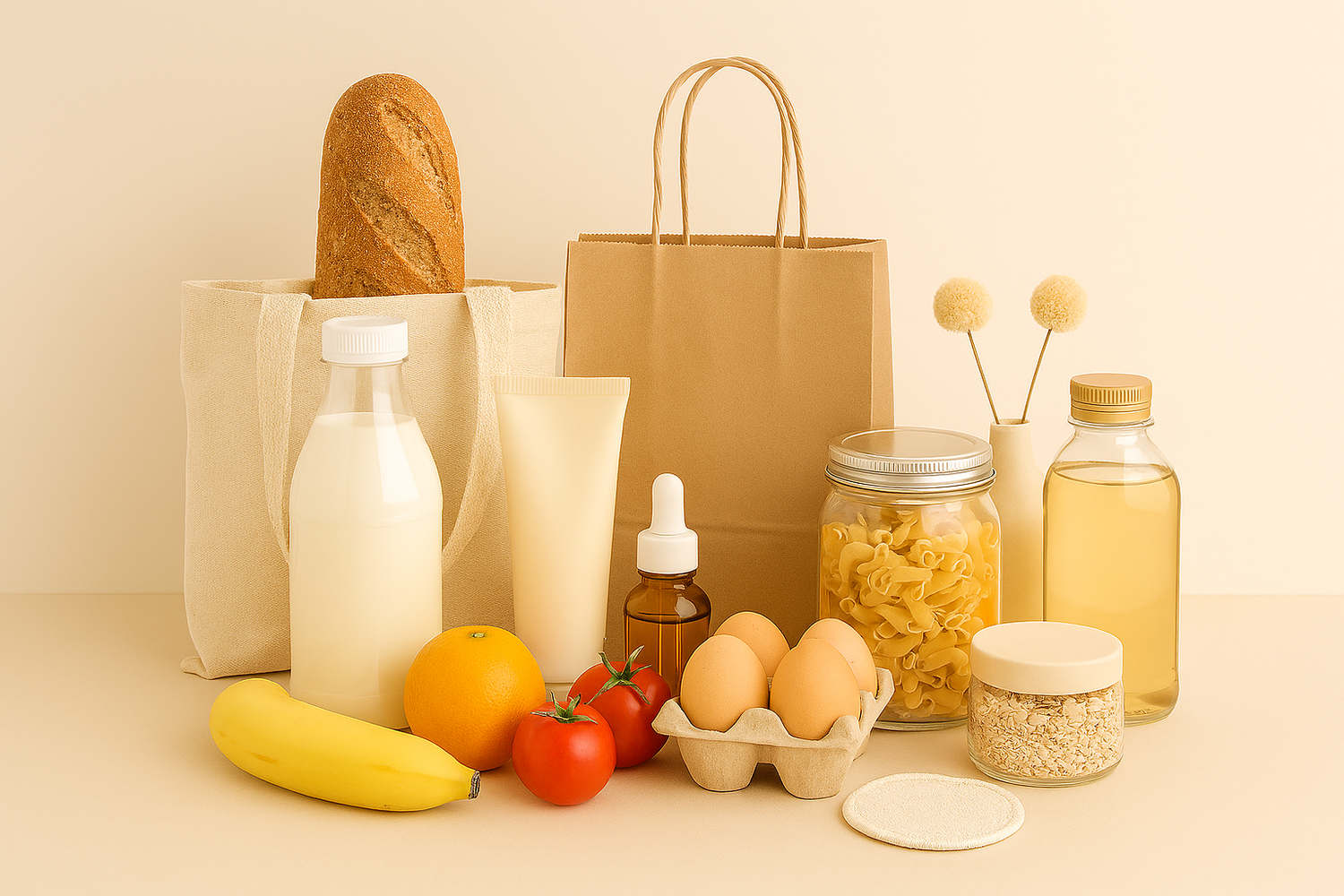 Groceries and daily essentials including fresh produce and pantry items